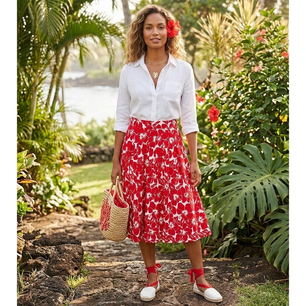 Talbots Floral Midi Skirt Womens 8 Red White Hibiscus Pleated A-Line Summer